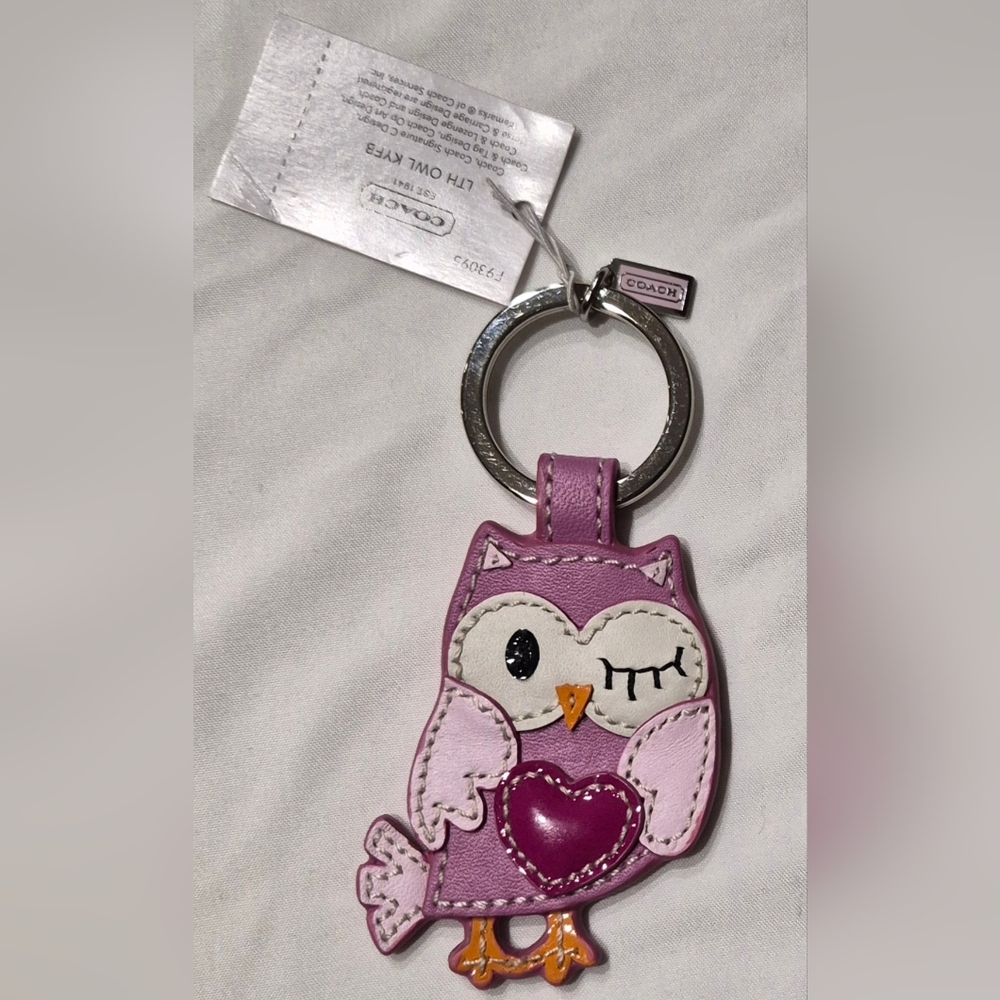 Coach Pink Leather Owl Keychain NWT